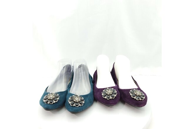 Me Too Size 8.5 Lot of 2 Precious Velvet Ballet Flats Floral Jeweled Broach