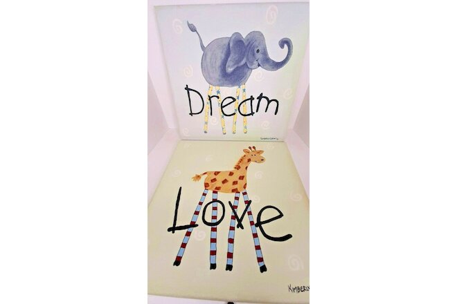Set of 2 Animal Prints on Canvas Elephant Giraffe 10"x10" Kimberly Grant