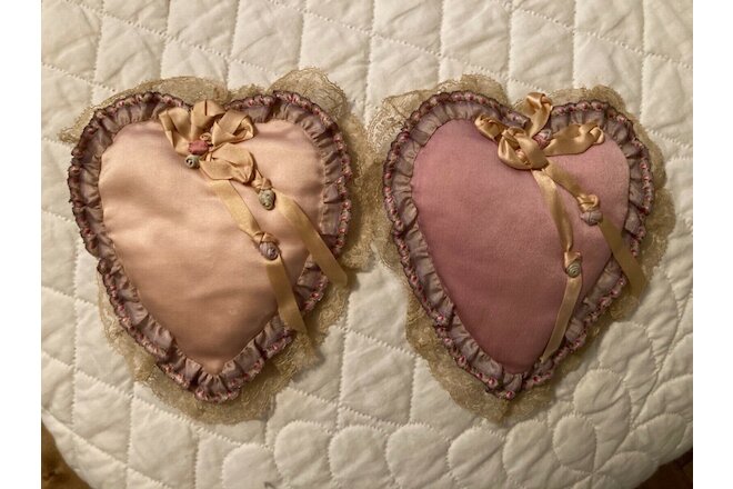 2 Vintage Satin and Lace Heart Pillows