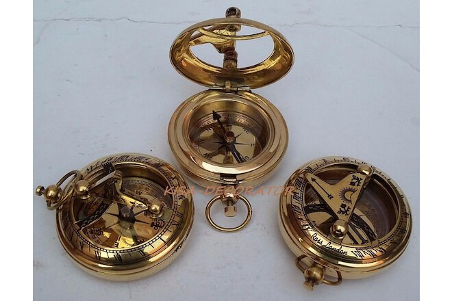 LOT OF 3 COLLECTIBLE VINTAGE MARITIME BRASS PUSH BUTTON SUNDIAL POCKET COMPASS