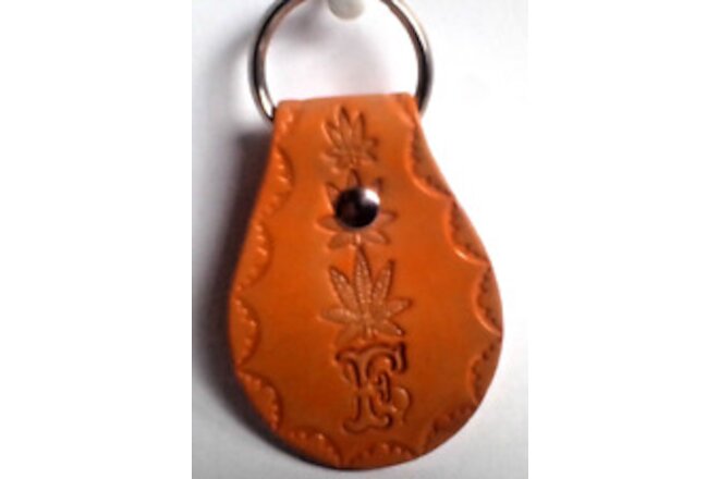 Leather key Fob -3 Canna Leaf + letter  "F" + border made by a Vet