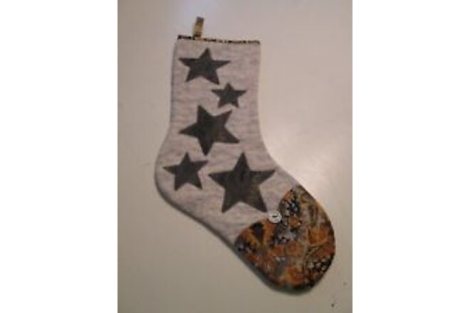 HAND MADE CHRISTMAS STOCKING APPLIQUE SILVER GRAY GOLD BLACK STARS BUTTON