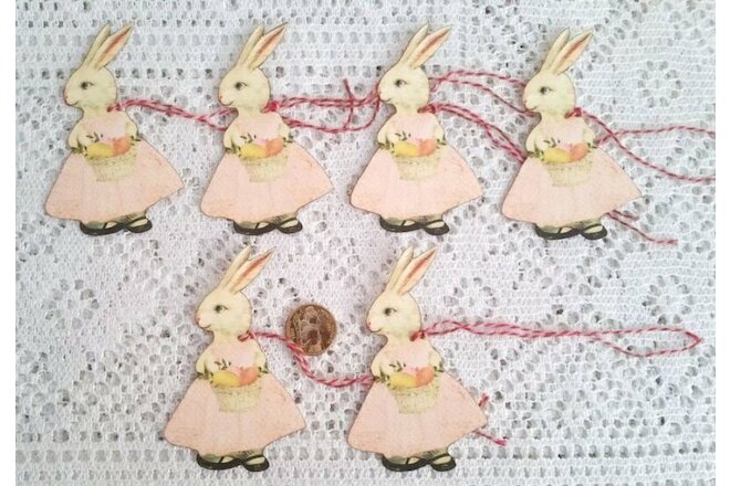 6~Easter~Primitive~Bunny~Fussy Cut~Linen Cardstock~Gift~Hang~Tags~Ornies