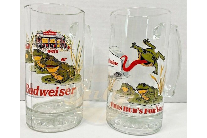 BUDWEISER FROGS TOADS Ad Campaign 10 Ounce Glass Mugs LOT (2) 1996 USA Vintage