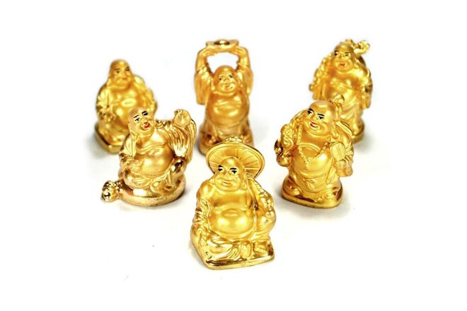 SET OF 6 GOLDEN HAPPY BUDDHA STATUES 2" Gold Color Hotei Fat Laughing Resin Lot