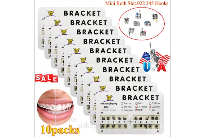 10 pack Dental Orthodontic Brackets Braces Mini Roth Slot 022 345 Hook #2 200PCS