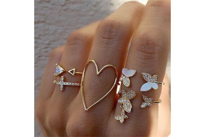 Women Boho Butterfly Crystal Above Knuckle Ring Midi Finger Rings Set Jewelry