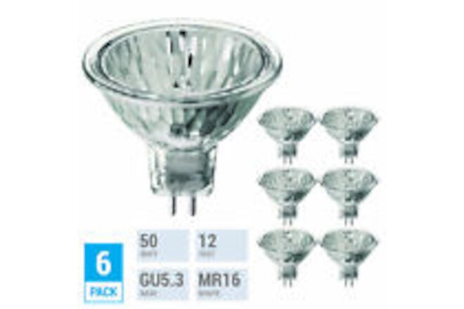 6 Pack 50MR16 Halogen Bulb EXN 50W 12V FL MR16 Dimmable 2-Pin GU5.3 Cover Glass