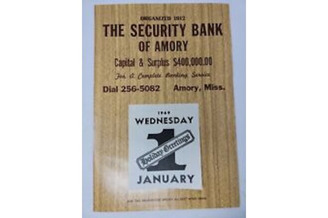 Security Bank of Amory 1969 Vintage Salesman Sample Advertising Calendar MS