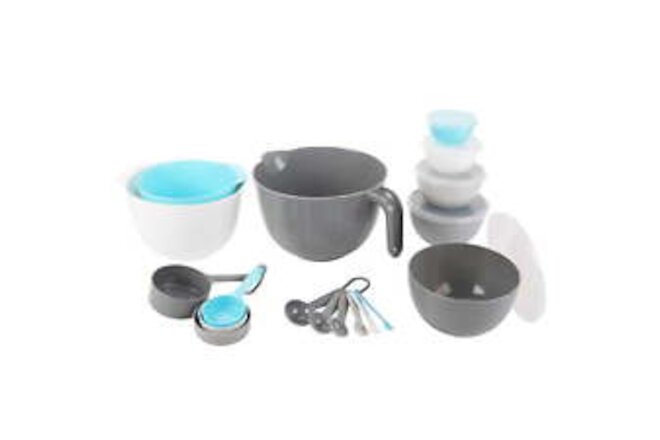 Mixing Bowl Set, 23 Pieces with Lids, Measuring Cups and Spoons, Gray