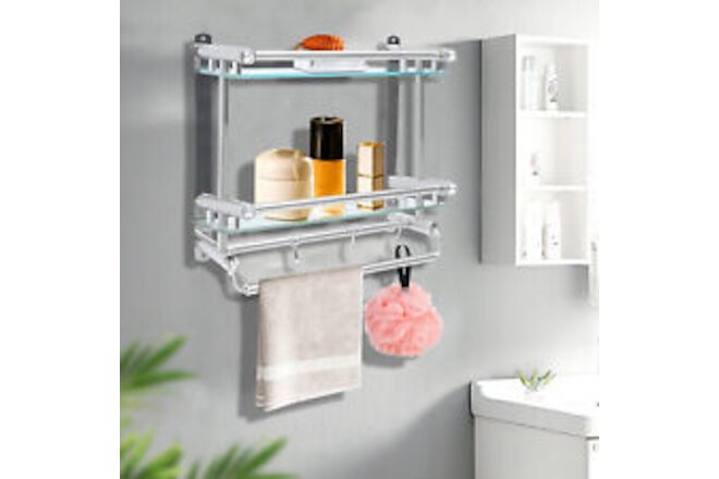 Bathroom Shelf Tempered Glass Floating Towel Rack Wall Mounted Towel Hanger