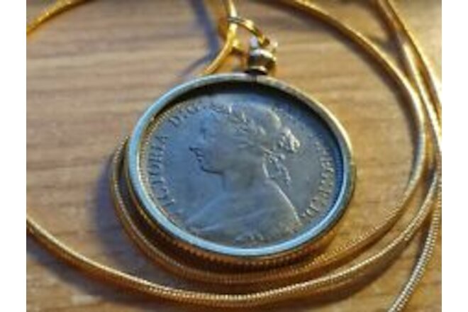 UK 1885 Queen Victoria 1/2 Penny Pendant on a 24" 18k Gold Filled Snake Chain.