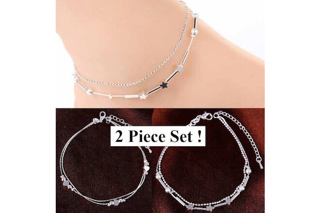 2 Pc Set 925 Sterling Silver Womens Anklet Bracelet Adj. 8.5" to 10.5" D671-D613
