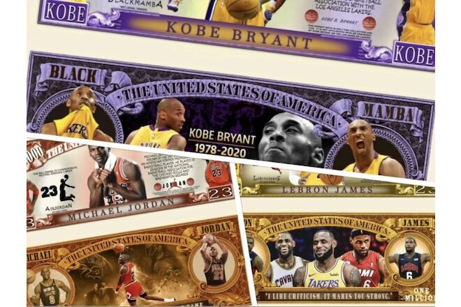 1 Each Kobe Bryant Michael Jordan LeBron James Collectible Dollar Bills w Sleeve