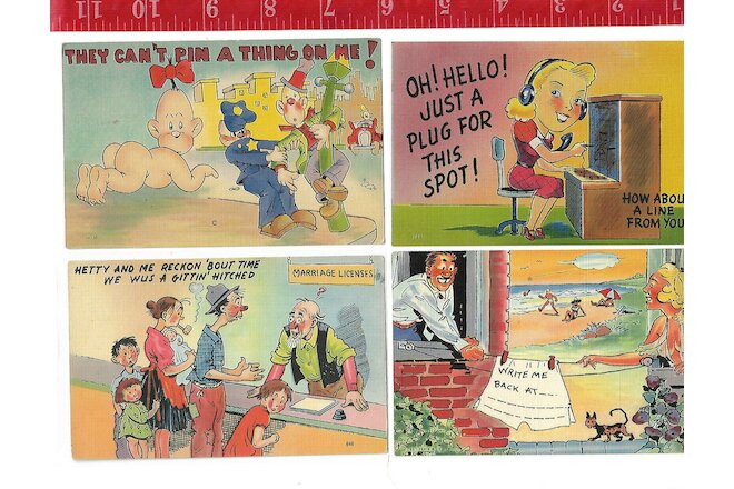 vintage lot 4 linen 1940's comic Post Cards
