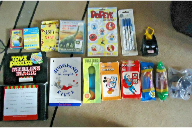 Mixed Toy Lot of 15 Toys, Magic Set,Juggling Balls+ Book,Dominoes,Pez, VTG & New