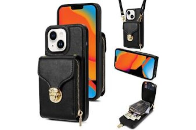Compatible with iPhone 14 Plus 6.7 inch Wallet Case Crossbody Strap Leather