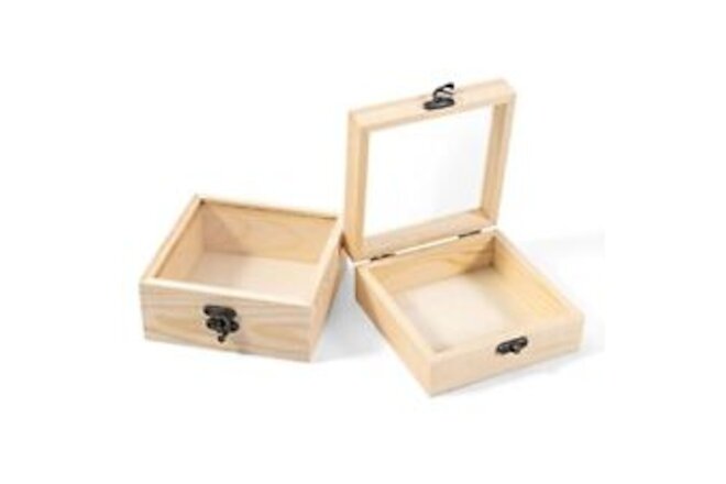 2pcs Small Wood Box With Lid 4.7'' X 4.7'' X 2'' Unfinished Wood Gift Box With G