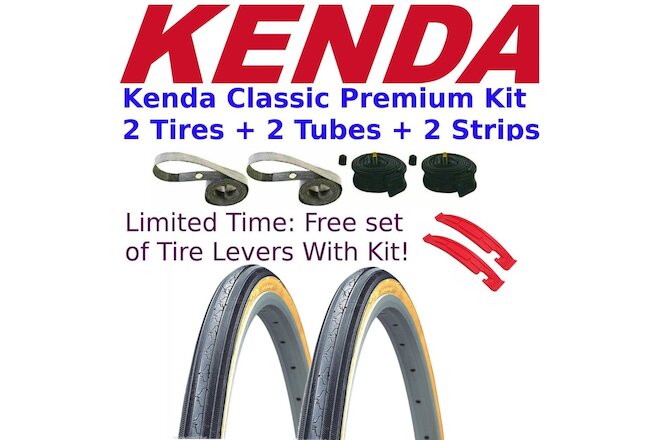 2-Pack KENDA Classic K35 Gumwall Kit 27" x 1-1/4" Bike Tires Tubes + Rim Strips