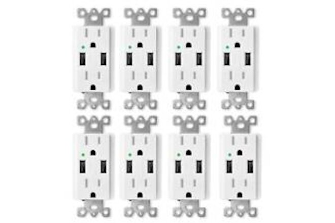 8Pack Dual USB Wall Outlet Tamper-Resistant 15Amp Power Socket Charger 2 Outlets
