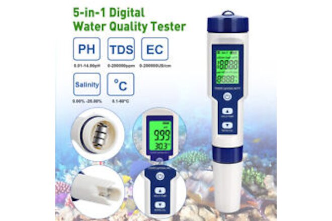 5 in 1 Digital LCD PH/TDS/EC/ORP/TEMP/SG/Salinity Water Quality Tester Meter Pen