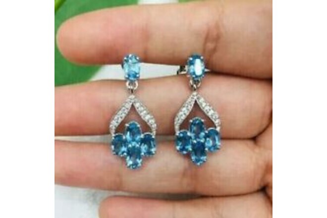 925 Sterling Silver 2.25 Ct Oval Cut Lab Created Blue Topaz Drop Dangle Earrings
