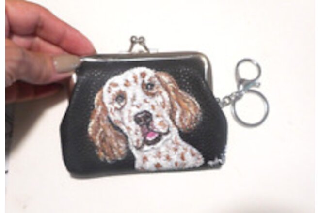 English Setter Dog Coin Purse With Key Chain Vegan Leather Hand Painted