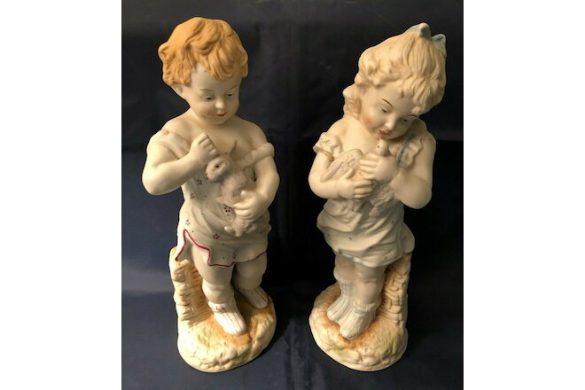 Antique Heubach German Large Boy & Girl Hand Painted Bisque Figurines Each 13"