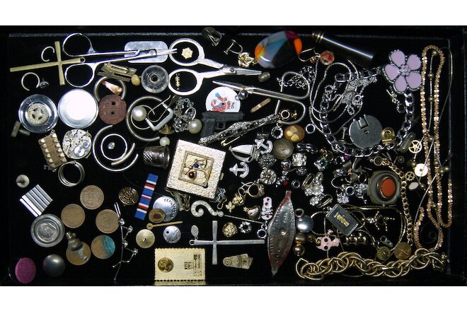 Vintage Junk Drawer Lot Watches Jewelry Coin Charm Bead Brooch 150 MISC Smalls
