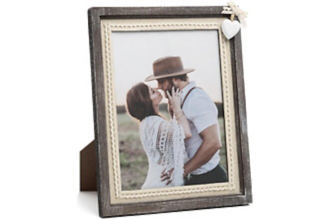 8X10 Picture Frame Wooden Distressed Rustic Photo Frame with White Heart Burlap