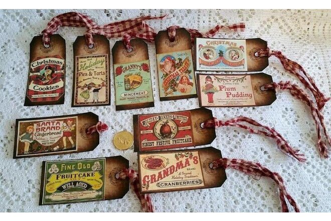 10~Christmas~Old World~Sweets~Primitive~Label~Linen Cardstock~Gift~Hang~Tags