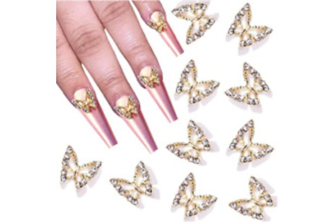 10 Pcs Butterfly Nail Charms Crystals Rhinestones, 3D Alloy Butterfly Nail Art C