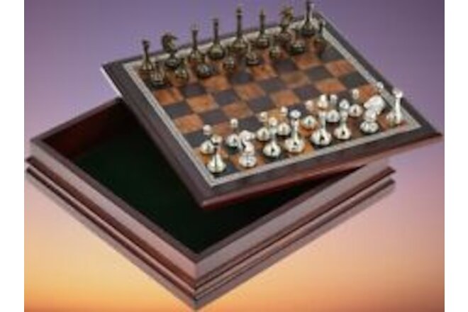 Metal Chess Set with Deluxe Wood Board and Storage - 2.5" Gold/Silver/Brown