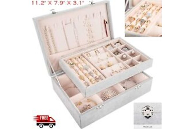 2 Layer Velvet Jewelry Box Organizer for Women Girl Necklace Stud Earrings Rings