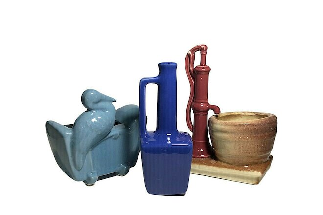 VINTAGE POTTERY PLANTERS SET OF 3 STORK WATER PUMP MID CENTURY MODERN 1950'S