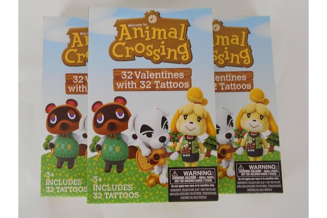 3 packs of ANIMAL CROSSING VALENTINE CARDS 32 CARDS PLUS 32 TATTOOS