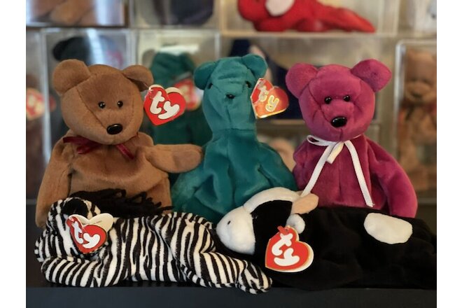 Ty Beanie Baby Lot of 5 - Teddy Old Face Teal Magenta Brown Daisy Ziggy