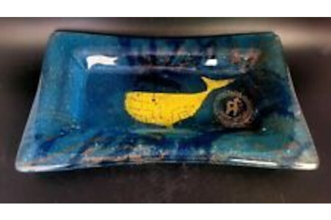 Anactacia Fused Glass Decorative Plate Yellow Whale Dish Blue Abstract