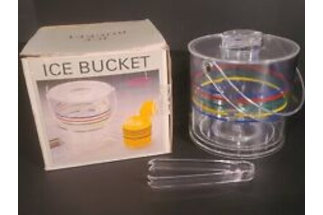 NEW Retro Ice Bucket Clear Multi Color Rainbow Striped Plastic 6" Tall  w/Handle