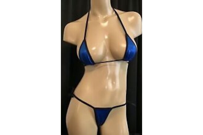 Exotic Dancer Stripper Metallic Blue Micro Thong Bikini Set