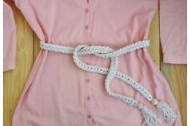 Ivory Crochet Rope Wrap Belt, Women Twisted Beaded Tassel Braided String Belt