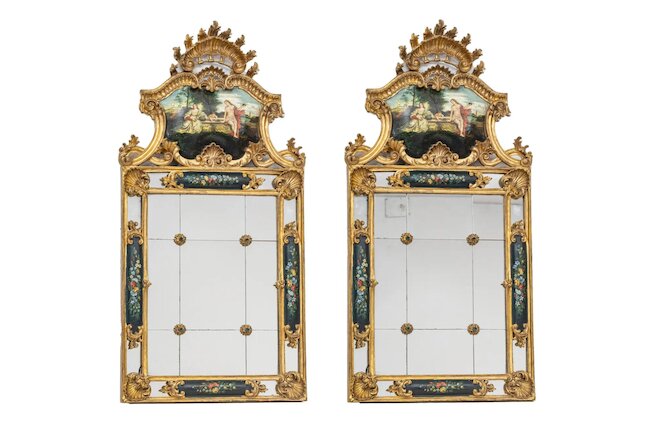 Mirrors, Venetian Painted Carved Wood, Pair,  Giltwood Frames, H 35", Vintage!!