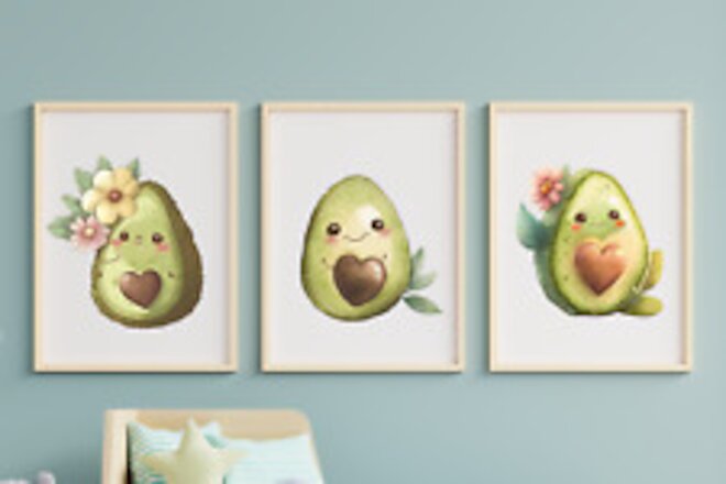 Nursery Avocado Prints Set of 3 Art Prints, Kids Room Wall Art Decor Prints