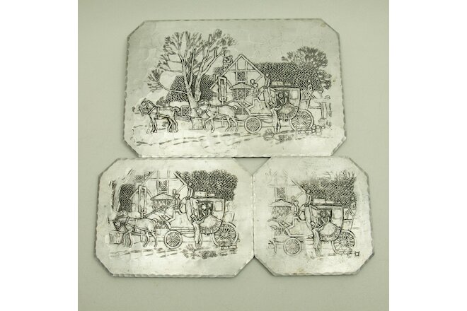Set of 3 Vintage Stagecoach Countryside Embossed Silver Foil Hot Pad Mat Trivets