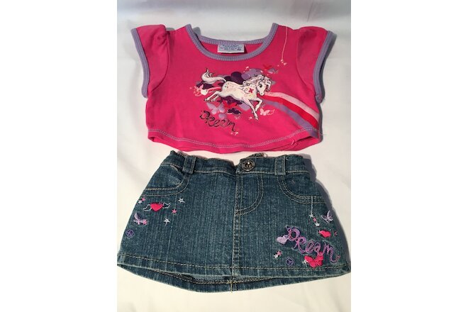 BUILD A BEAR Pink Unicorn Shirt Blue Jean Skirt DREAM Outfit BABW BAB