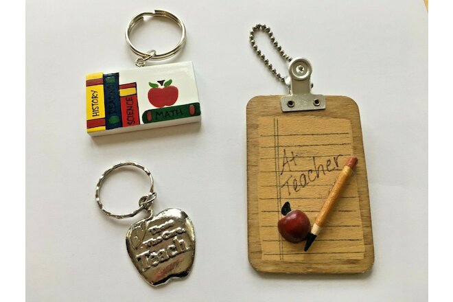 Lot of 3: KEY CHAINS  TEACHER GIFTS: BOOKS, CLIPBOARD & APPLE "THOSE THAT CARE"