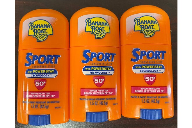LOT OF 3 BANANA BOAT SPORT(SPF 50) SUNSCREEN STICK WATER SWEAT RESISTANT expired