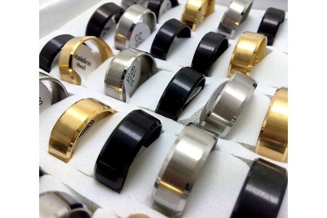 Wholesale Mix lot 50pcs Men's Band Ring Stainless Steel Black gold silver Rings