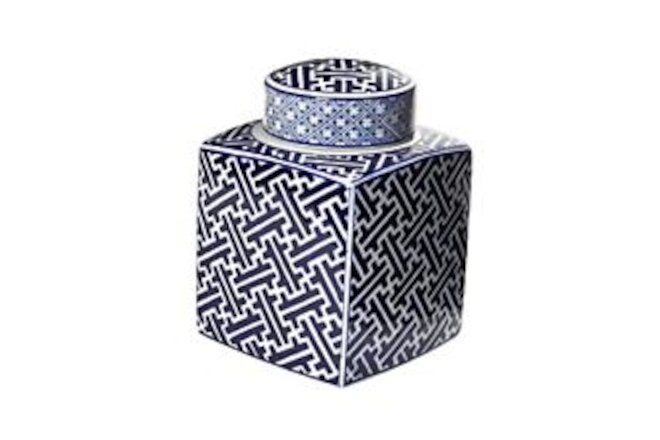 Decorative Stoneware Ginger Jar, Blue and White Trellis Pattern
