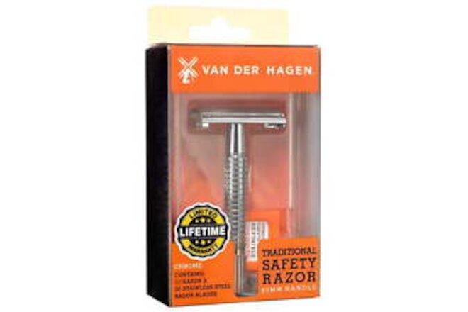 der Hagen Traditional Safety Razor Kit with 5 Stainless Steel Blades, Chrome